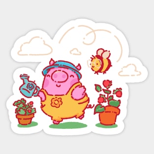 Pig and bee watering plants Sticker